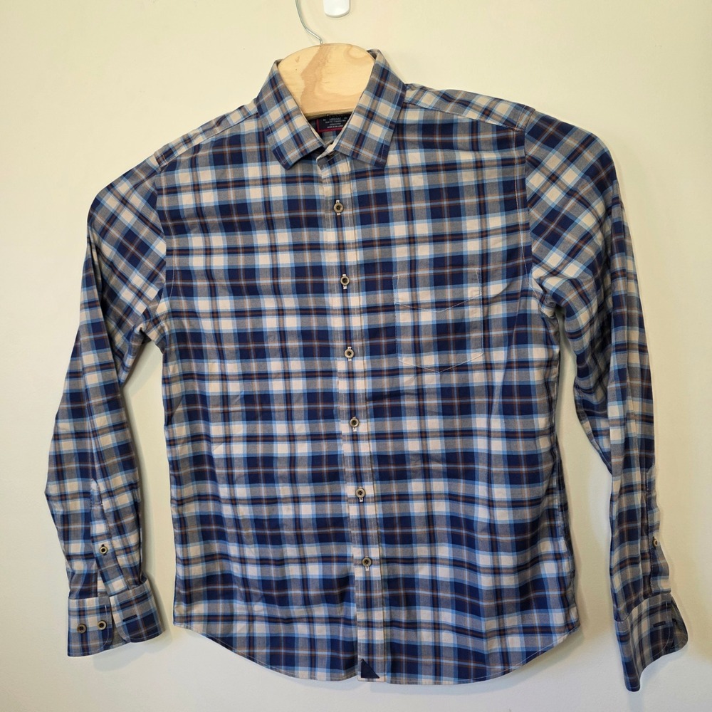 UNTUCKit Luke-WF Button Down Shirt Mens Medium Blue Plaid Slim Fit Wrinkle Free